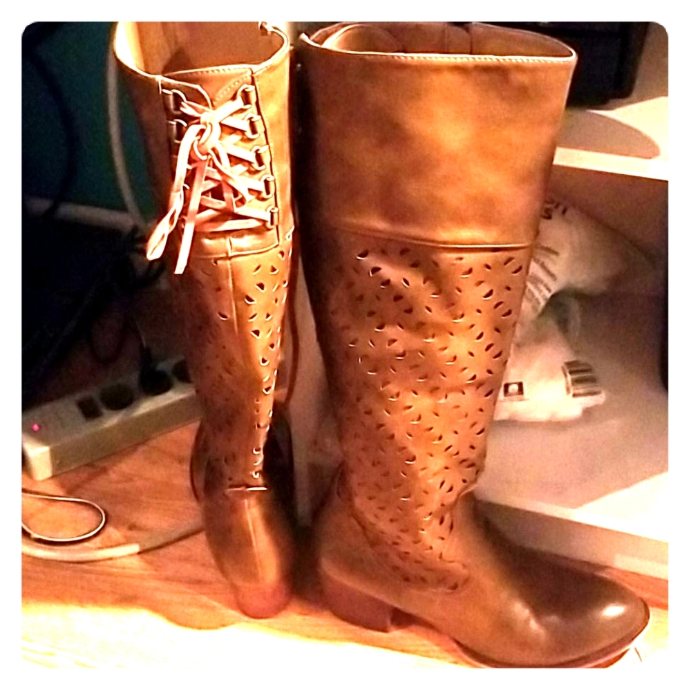 Knee high brown zip up boots with lace back